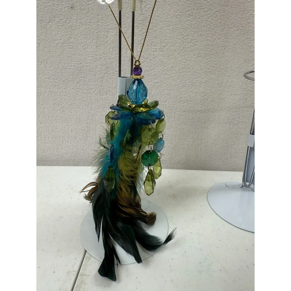 Green Feather Decorative‎ Birds with Green & Blue Tinsel Tails (6)